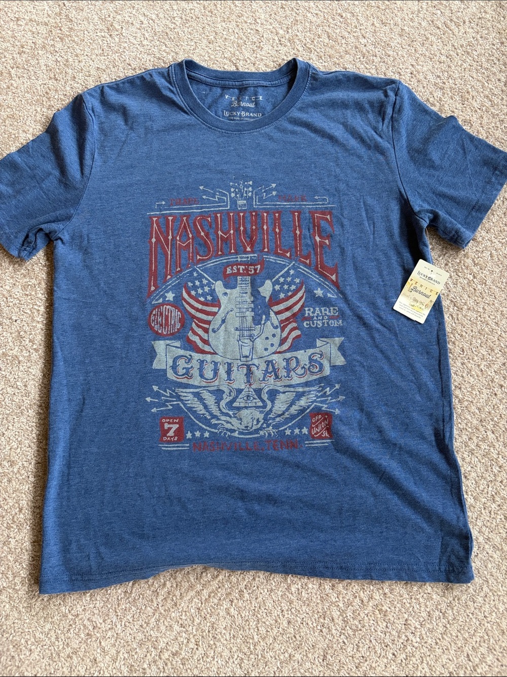 Lucky Brand Blue Tee with Red & Cream Nashville Guitars Graphic